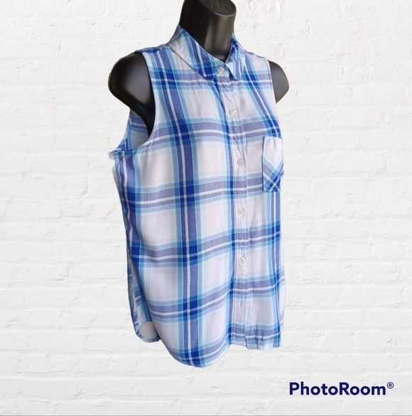 Sleeveless Blue Plaid Button Down Shirt by SO size Medium - Picture 3 of 4